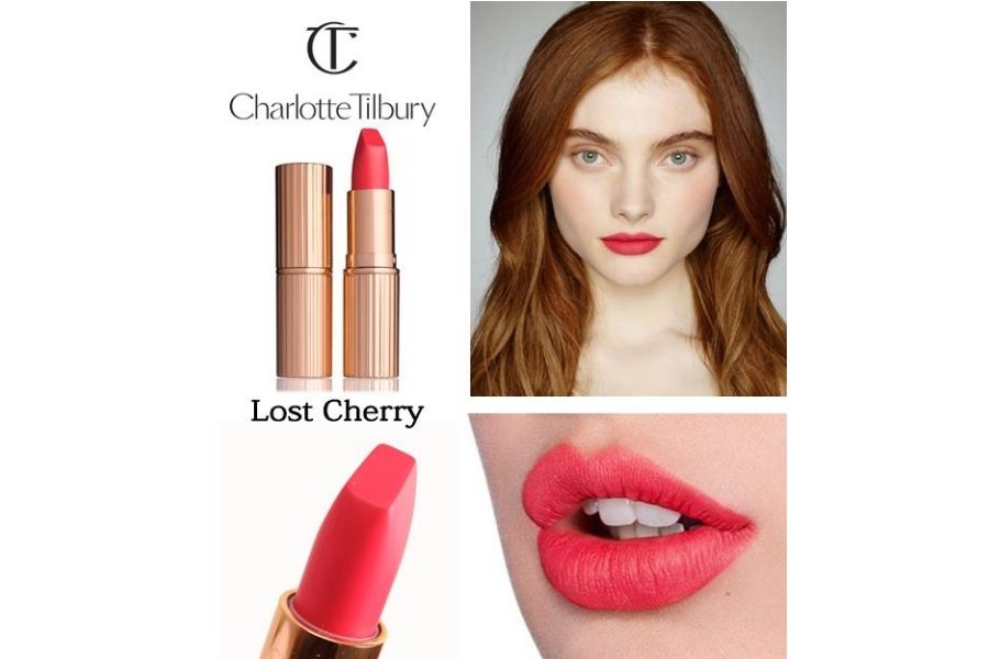 Son Charlotte Tilbury Matte Revolution màu Lost Cherry hồng cam tươi sáng nhất trong cả bảng màu